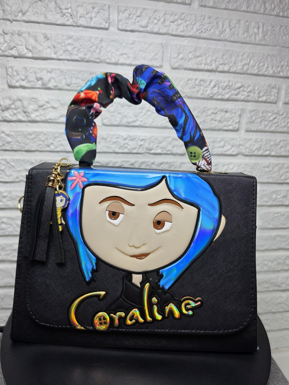 New 25cm Handmade Black Crossbody Bag with Blue Coraline Character Accent